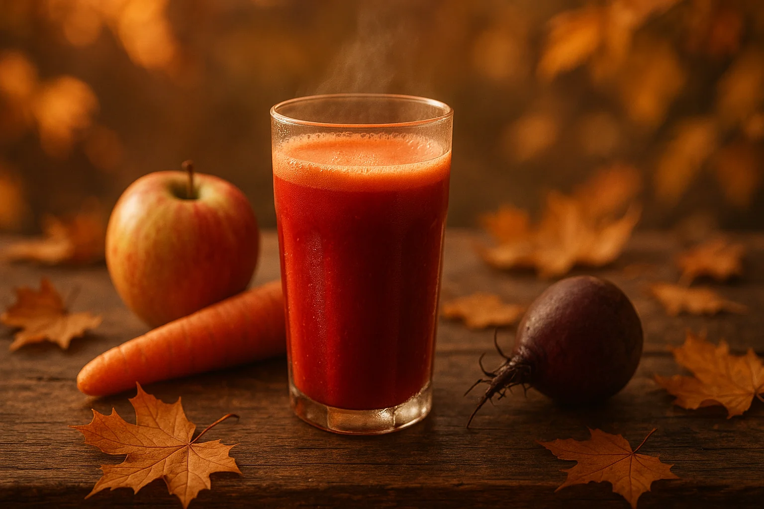 آبمیوه سیب، هویج و چغندر با تم پاییزی