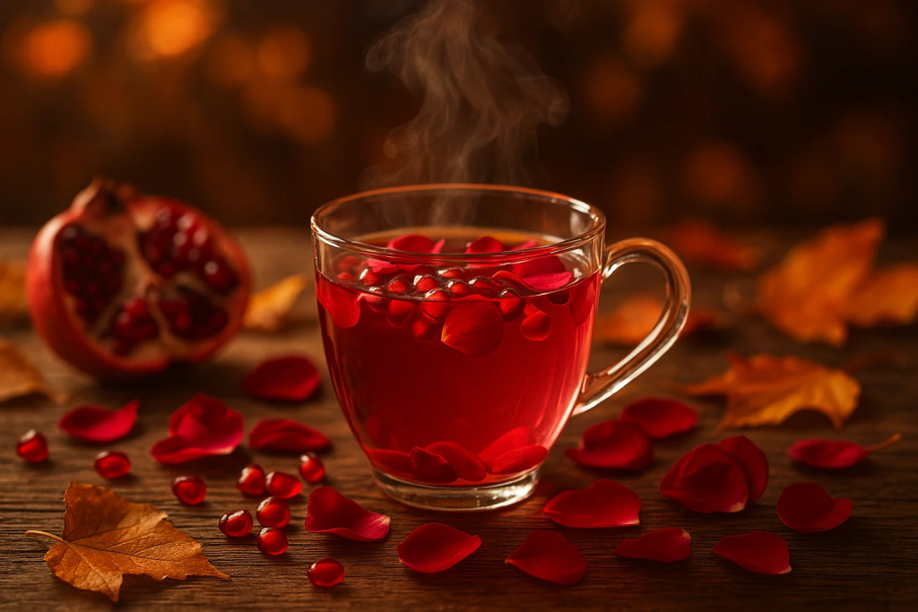 شربت انار و گلاب گرم با بخار و تم پاییزی